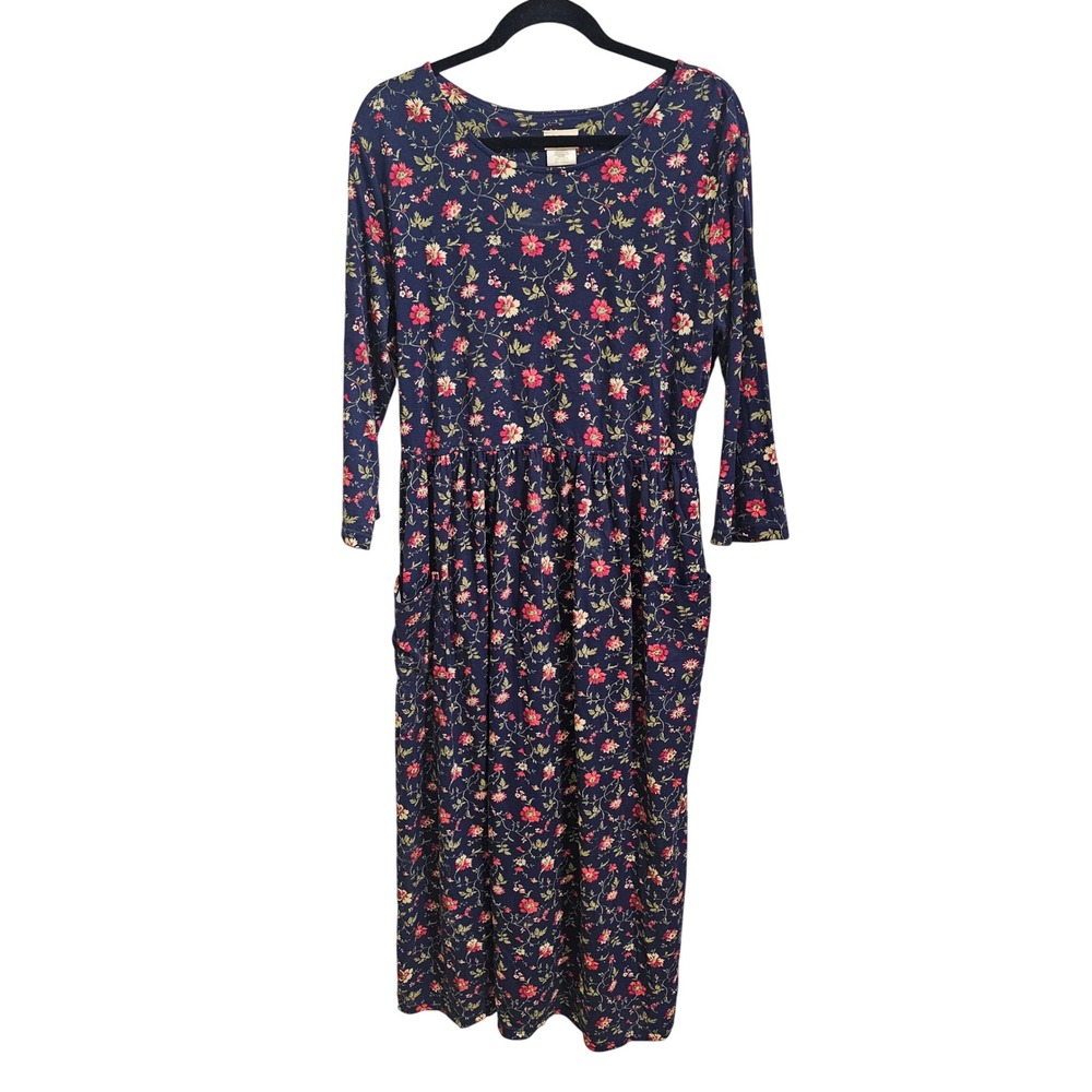 Bobbie Brooks Floral Midi Dress XL Navy Blue Long Sleeve Pockets Modest Jumper